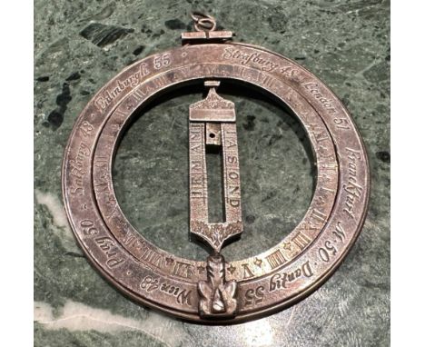 A 17th century style silver coloured metal  universal scientific equinoctial ring sundial, bears the signature of Johann Some