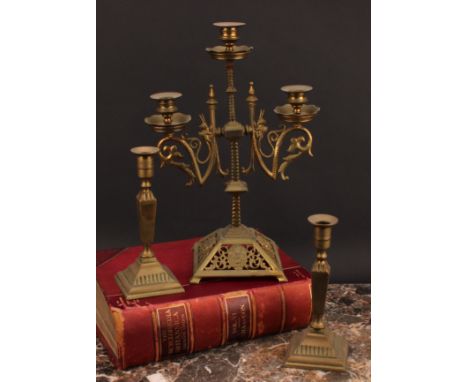 A 19th century gilt brass three-light candelabrum, pierced and cast with foliate masks, 37cm high, c.1880; a pair of early 20