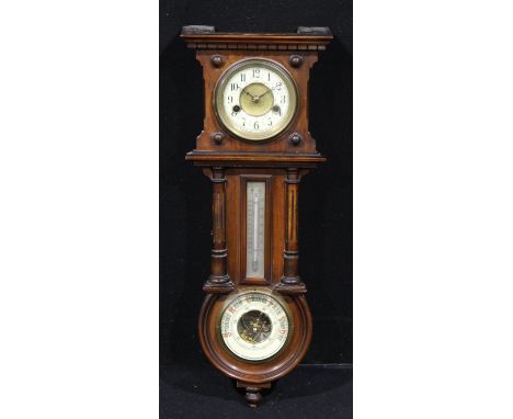 A late 19th century walnut wall hanging weather station, 10cm clock dial inscribed with Arabic numerals, twin winding holes, 