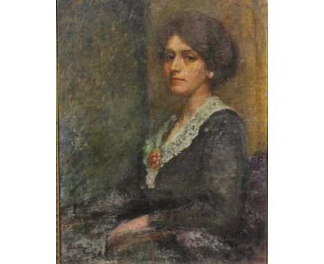English School (early 20th century)Society Portrait, Lady in a Lace Trimmed Dressoil on canvas, 75cm x 58cm 