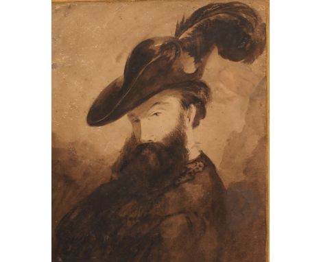 Continental School (19th century)Portrait of a Gentleman Wearing a Feathered Hat,sepia watercolour, 31cm x 25.5cm 