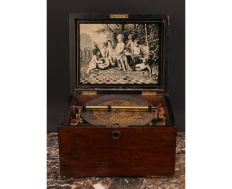 A late 19th century walnut symphonion, horizontal mechanism playing 19.5cm discs, hinged cover, 28cm wide, c.1890 