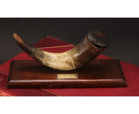 An early 20th century cattle horn table snuff box or mull, push-fitting cover, the rectangular oak base with brass plaque ins