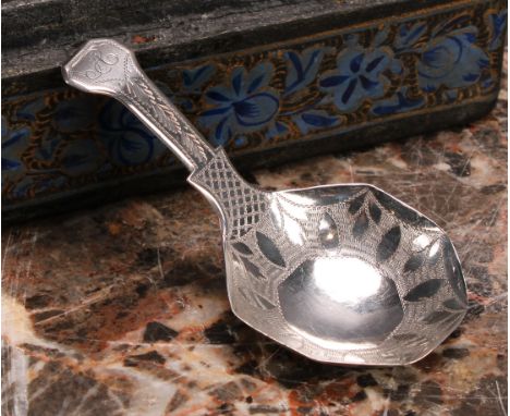 A George III silver caddy spoon, octagonal bowl, bright-cut and wriggle-work engraved, 7.5cm long, John Lawrence & Co, Birmin