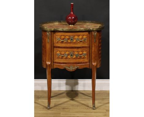 A Louis XV Revival gilt metal mounted tumbling blocks parquetry table de chevet or commode, marble top with three-quarter gal