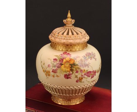 A Royal Worcester parcel-gilt and polychrome painted blush ivory potpourri vase and cover, 26cm high, c.1900 