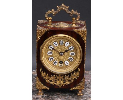 A Louis XV Revival gilt metal mounted carriage type timepiece, 7cm clock dial inscribed upon enamel cartouches with Roman num