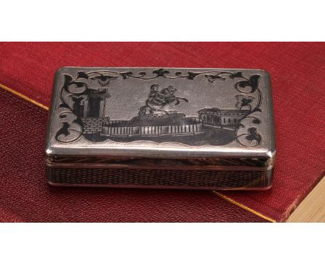 A 19th century Russian silver and niello rectangular snuff box, the hinged cover decorated with an equestrian portrait, the b