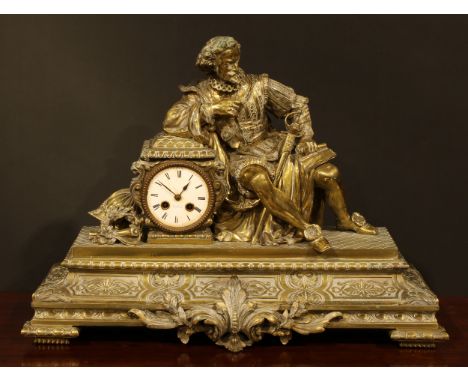 A late 19th century brass figural mantel clock, 9.5cm enamel dial inscribed J&amp;L MOLE, 36 NEW ST., BIRMINGHAM, Roman numer