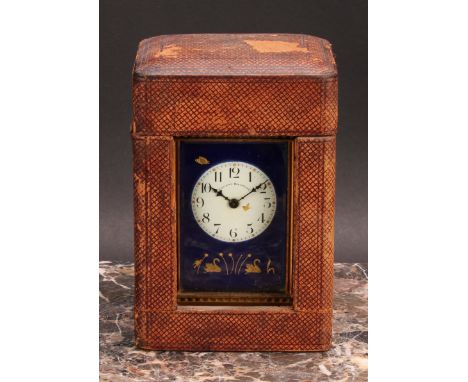An early 20th century gilt brass carriage timepiece, 4.5cm enamel clock dial inscribed Finnigan’s, Manchester, on a deep blue