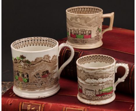 Railway Interest - steam locomotives, a 19th century Staffordshire pearlware mug, printed in sepia tones, picked out in brigh