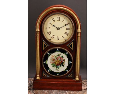 A late 19th century American parcel-gilt mahogany mantel clock, Eight-Day Spring Clock, by Seth Thomas, 17cm circular tin dia