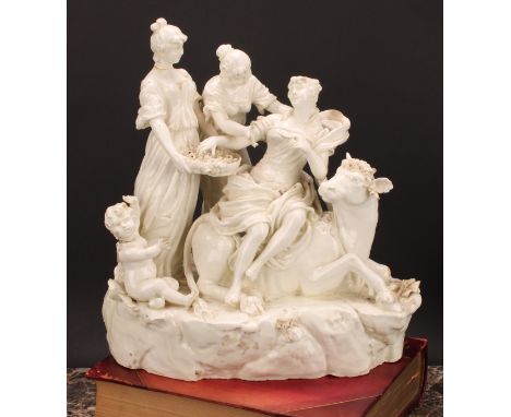 A large Italian blanc de chine porcelain figure group, Ratto d'Europa, after Titian, 31cm high,  impressed Naples mark, 19th 