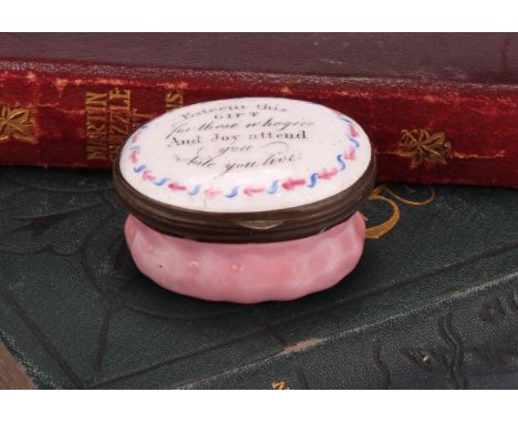 A George III South Staffordshire enamel oval patch box, hinged cover inscribed Esteem This Gift For These Who Give And Joy At