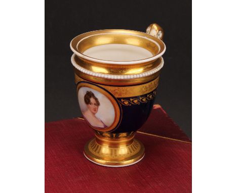 A 19th century pedestal chocolate or cabinet cup, probably Vienna, painted with a portrait of a young lady, within a gilt cir