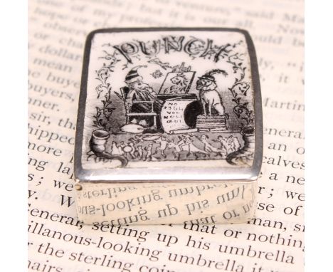A Victorian silver and enamel vesta case, hinged cover decorated with Mr Punch and Toby, striker to side, 3.5cm wide, maker H