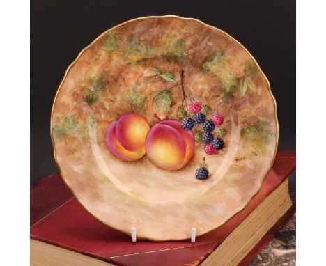 An English porcelain shaped circular plate, painted by Frank Higgins, signed, previously a painter with Royal Worcester, with