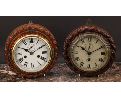 An early 20th century oak wall timepiece, 14.5cm clock dial inscribed Dent for Royal Exchange and 61 Strand, London, subsidia
