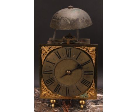 An 18th century brass and iron posted frame clock, of transitional lantern-to-longcase form, 18.5cm dial inscribed Robert Nel