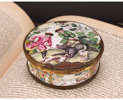 An 18th century enamel circular table snuff box, the stand-away hinged cover painted in polychrome with gentlemen hunting wil