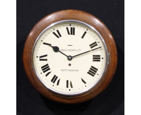 An early 20th century oak school or railway type timepiece, 29cm clock dial inscribed John Perry Ltd, Nottingham, Roman numer