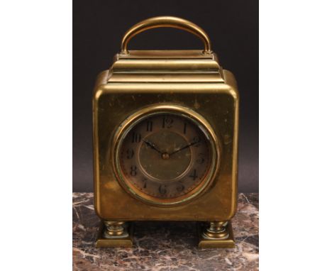 A 19th century brass table timepiece, 8.5cm silvered clock dial inscribed with Arabic numerals, the eight-day movement with p