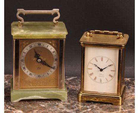 An onyx carriage timepiece, by Elliott, London, 8cm rectangular brass clock dial with silvered chapter ring inscribed with Ro