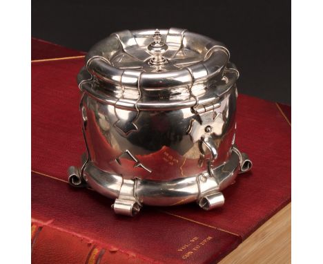 Liberty &amp; Co - an Arts and Crafts silver tea caddy, applied with scrolling brackets and cut-card work, hinged cover, 11.5