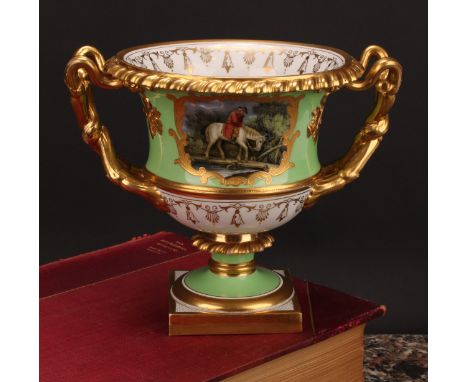 A Flight, Barr &amp; Barr Worcester campana vase, painted with a drunken farmer on horseback, from the poem Hurst Water by Wi