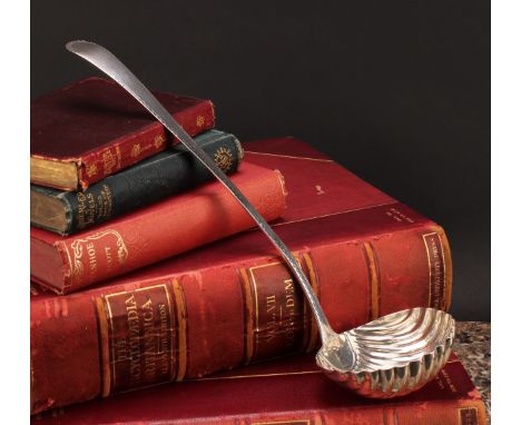 Hester Bateman - a George III silver Bright-cut Old English pattern soup ladle, shell bowl, 33cm long, London, 1784 