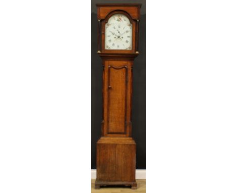 A George III mahogany and oak longcase clock, 31cm arched painted dial inscribed Jno Rogers, Bridgenorth, Roman and Arabic nu