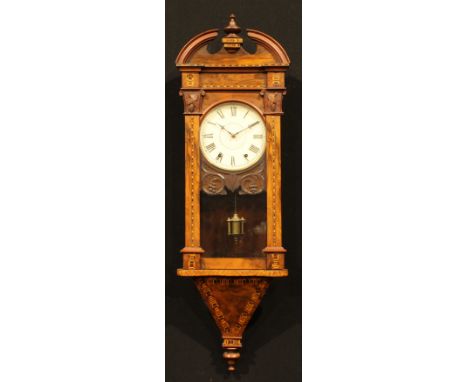 A late 19th century walnut and parquetry architectural wall clock, 20cm circular dial inscribed with Roman numerals, twin win