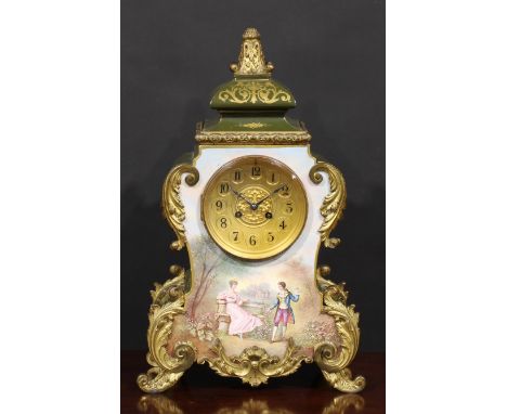 A Louis XV Revival gilt metal mounted porcelain cartouche shaped mantel clock, painted by Dumas, signed, with a courting coup