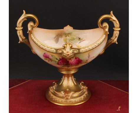 A Royal Worcester boat shaped pedestal vase, painted by K Austin, signed, with roses, on a blush ivory ground, 21ccm wide, gr