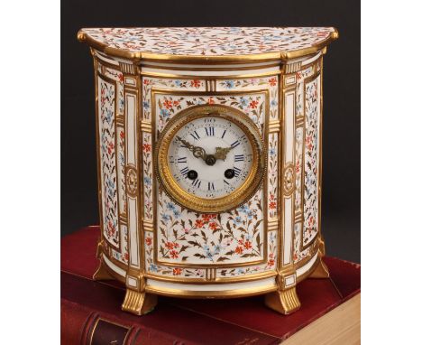 A late 19th century Wedgwood mantel clock, demi-lune porcelain case in the manner of Sheraton, decorated with colourful flowe