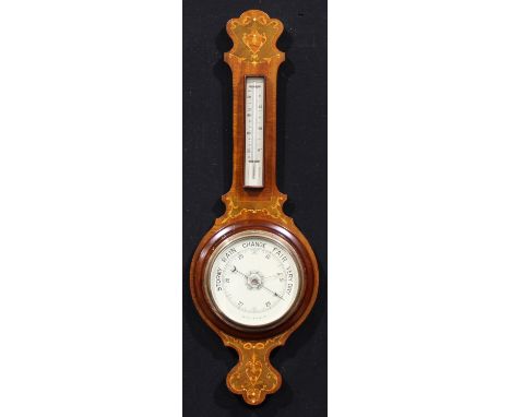 An Edwardian Sheraton Revival mahogany and marquetry wheel barometer, 19.5cm register, mercury thermometer, 92cm high, c.1905