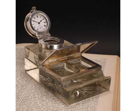 An Edwardian silver combination inkwell, stamp box and pocket watch holder, star-cut base, 11cm long,  John Grinsell &amp; So