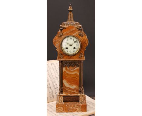A late 19th century gilt metal mounted onyx tower-form architectural library clock, 8.5cm enamel dial inscribed with Arabic n