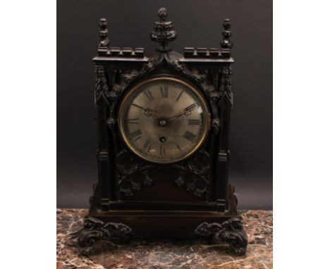 A Victorian Gothic Revival cast bronzed metal double-fusee bracket clock, 12.5cm circular silvered dial inscribed Jno Bull, B