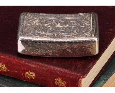 A George III silver curved rounded rectangular snuff box, profusely bright-cut engraved with flowers and stiff leaves, flush-