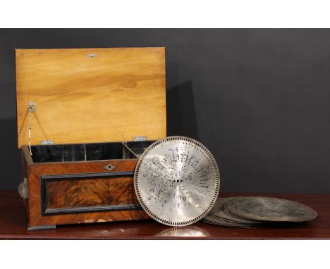 A late 19th century parcel-ebonised walnut symphonion, horizontal mechanism playing 23cm discs, Play/Stop and Half-Speed/Full