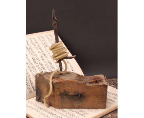 A wrought iron nip rush light holder, rustic beam section base, 34cm high overall, 18th/19th century 