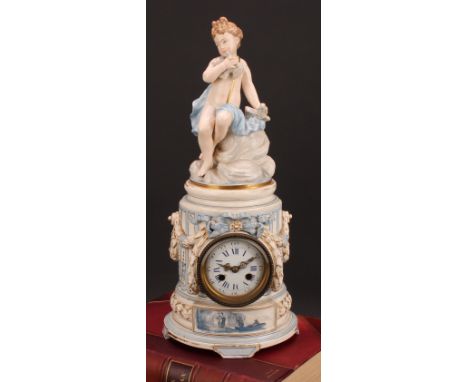 A 19th century French Louis XVI style porcelain mantel clock, 7.5cm white enamel dial inscribed with Roman and subsidiary Ara