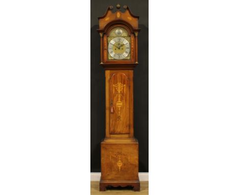 An Edwardian Sheraton Reivival mahogany and marquetry longcase clock, 30.5cm arched brass and silvered dial inscribed COOPER,