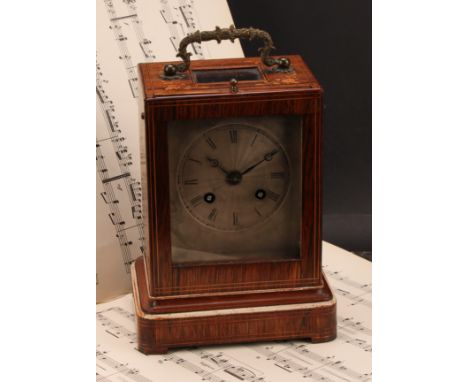 A 19th century French rosewood and marquetry mantel clock, 9.5cm silvered dial inscribed with Roman numerals, twin winding ho