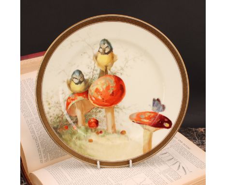 A Cauldon circular cabinet plate, painted by R. Barratt, signed, previously a Derby artist, with blue tits on toadstools, etc