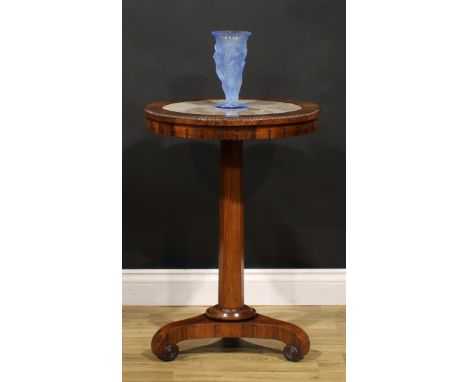 A George/William IV rosewood pedestal centre or lamp table, circular top with beaded border and inset marble plateau, panelle