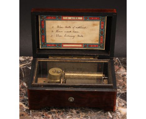 A 19th century satinwood crossbanded rosewood rectangular music box, of small proportions, 6cm cylinder playing three airs on