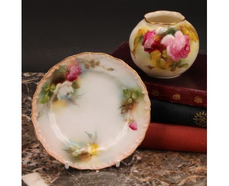 A Royal Worcester globular vase, painted by E. Spilsbury, signed, with Hadley style roses, 7cm high, printed crown and circle