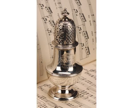 A George II silver pear shaped sugar caster, knop finial, domed foot, engraved armorial, 17cm high, Samuel Wood, London 1732,